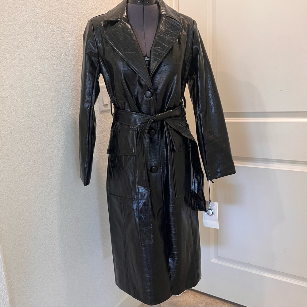G by Giuliana Glossy Ebony Faux Leather Trench Coat